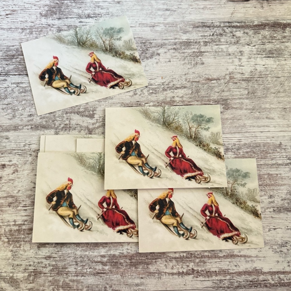 Whimsical Roosters Sledding Christmas Card Set (10)